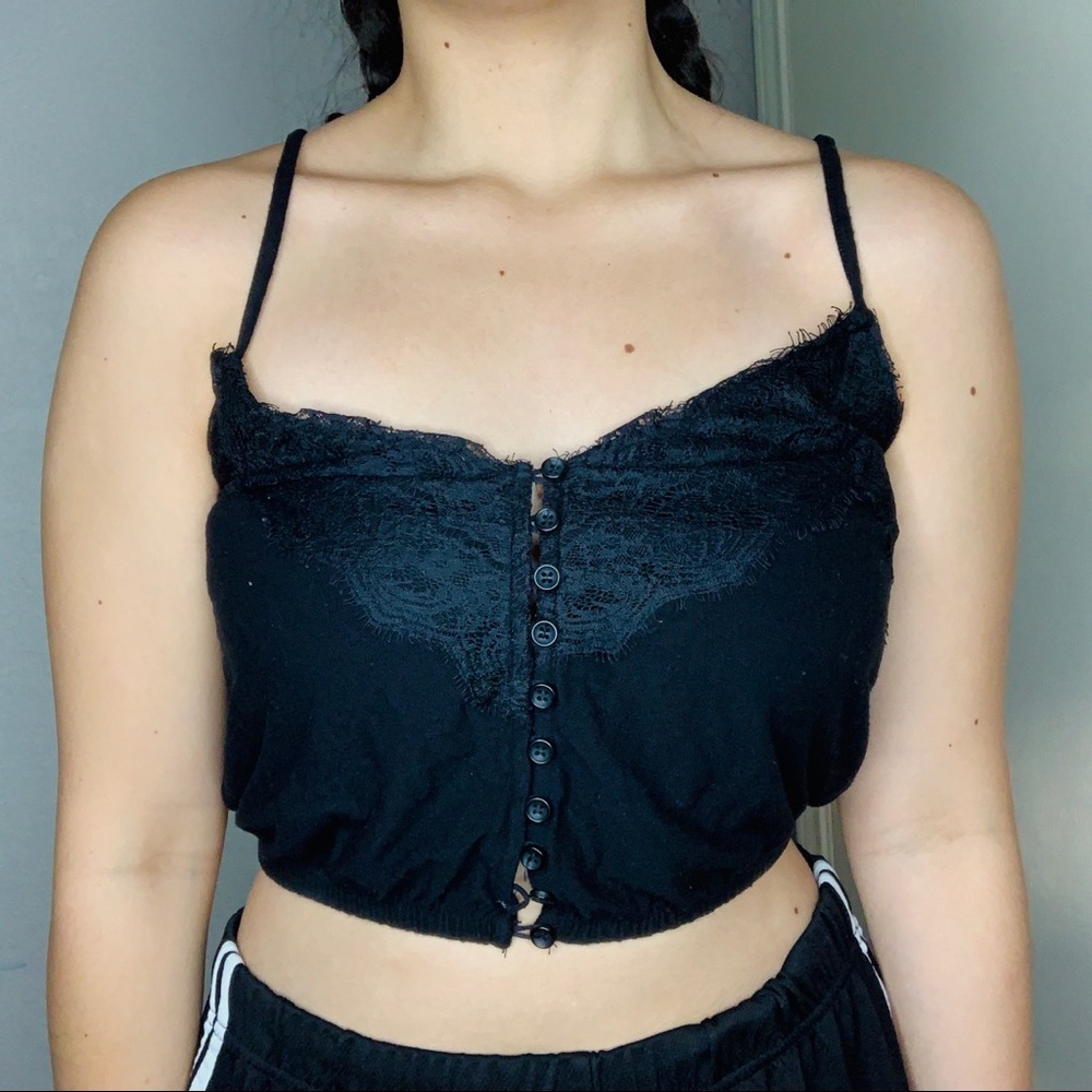 All black crop tops w/lace detailing,with buttons.